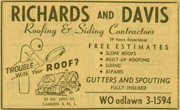 Richards & Davis Roofing & Siding Contractors, 30 South 35th Street, 1955 Yellow Pages ad