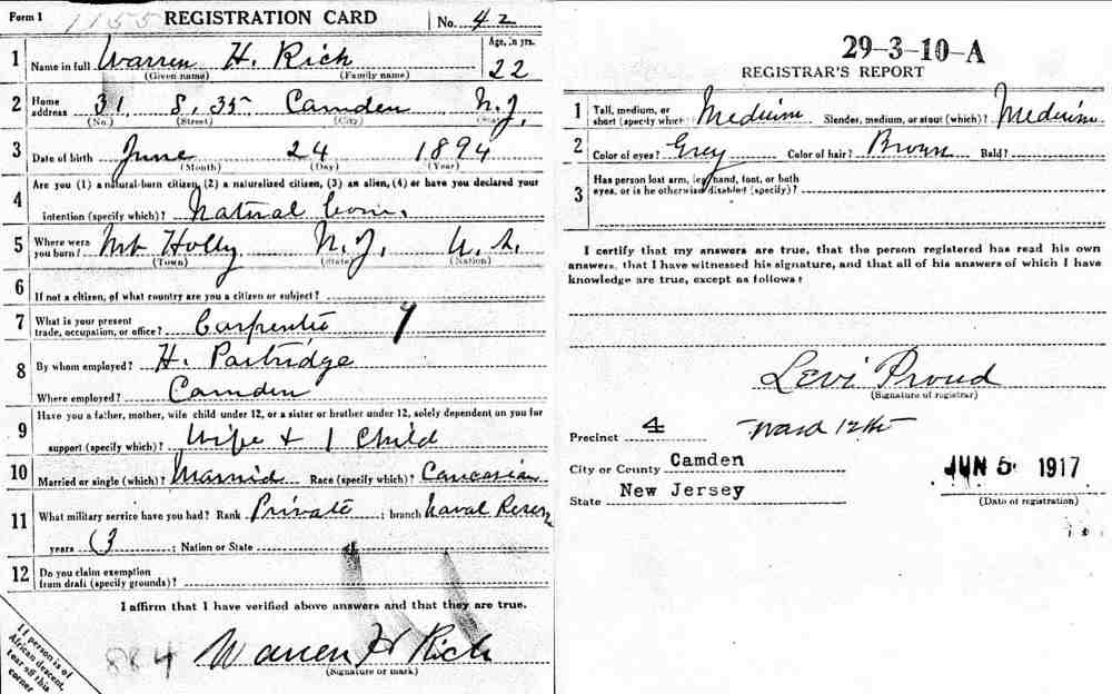Warren H. Rich World War I draft card, 31 South 35th Street, 1917