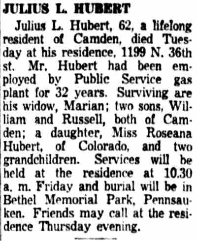 Obituary for Julius L. Hubert, Camden Courier-Post, June 9, 1954