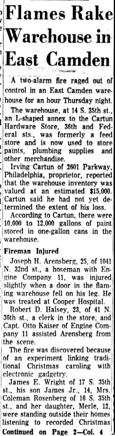 Flames Rake Warehouse in East Camden, page one, Camden Courier-Post, December 22, 1961