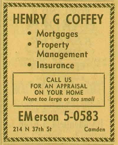 Henry G. Coffey advertisement, 214 N. 37th Street, Camden — Mortgages, Property Management, Insurance, 1955 NJ Bell Yellow Pages