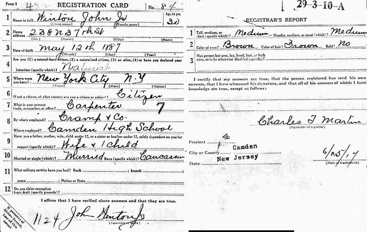World War I Draft Registration Card for John Winton Jr., 238 N. 37th Street, Camden, June 5, 1917