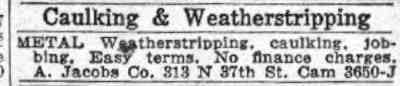 Arthur Jacobs Co. advertisement — Caulking & Weatherstripping, 313 N. 37th Street, Camden
