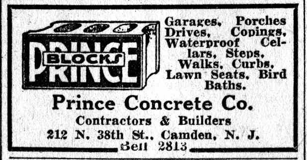 Prince Concrete Co. Contractors and Builders advertisement, 212 N. 38th Street