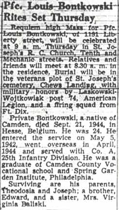 Pfc. Louis Bontkowski Rites Set Thursday — Camden Courier-Post, March 22, 1949