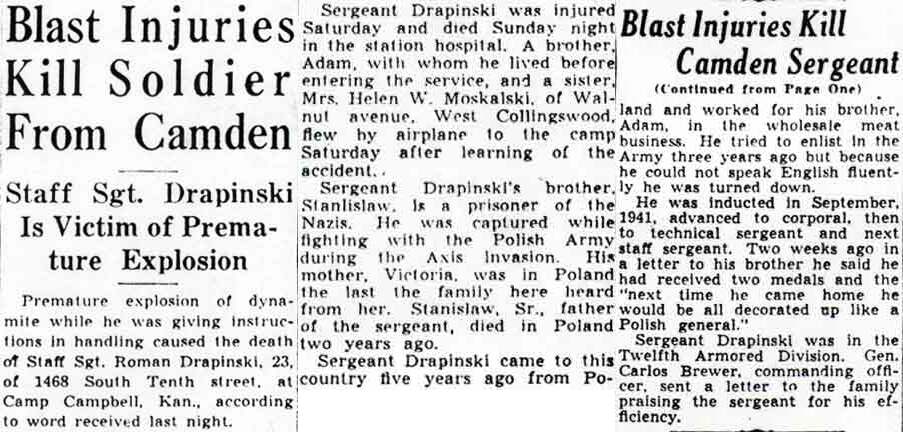 Camden Courier-Post, July 20, 1943: Blast Injuries Kill Soldier From Camden