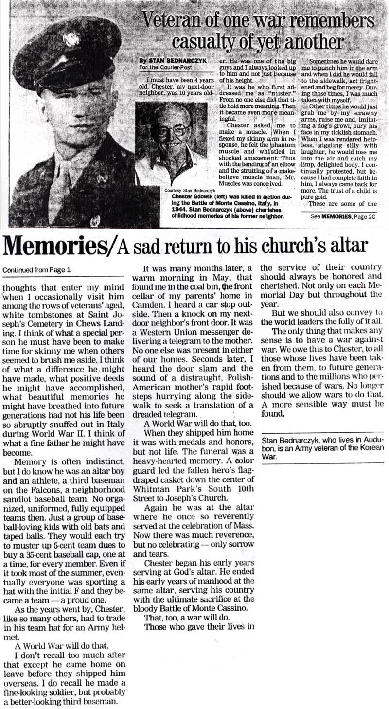 Veteran of one war remembers casualty of yet another — newspaper clipping