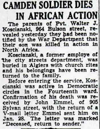 Camden Soldier Dies in African Action — Camden Courier-Post, June 19, 1943