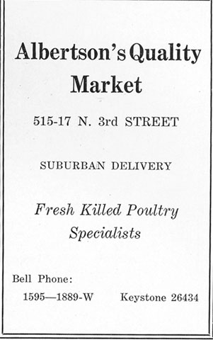 515-517 North 3rd Street. Albertson's Quality Meat Market. 1928 Camden High School Purple & Gold Yearbook Ad.
