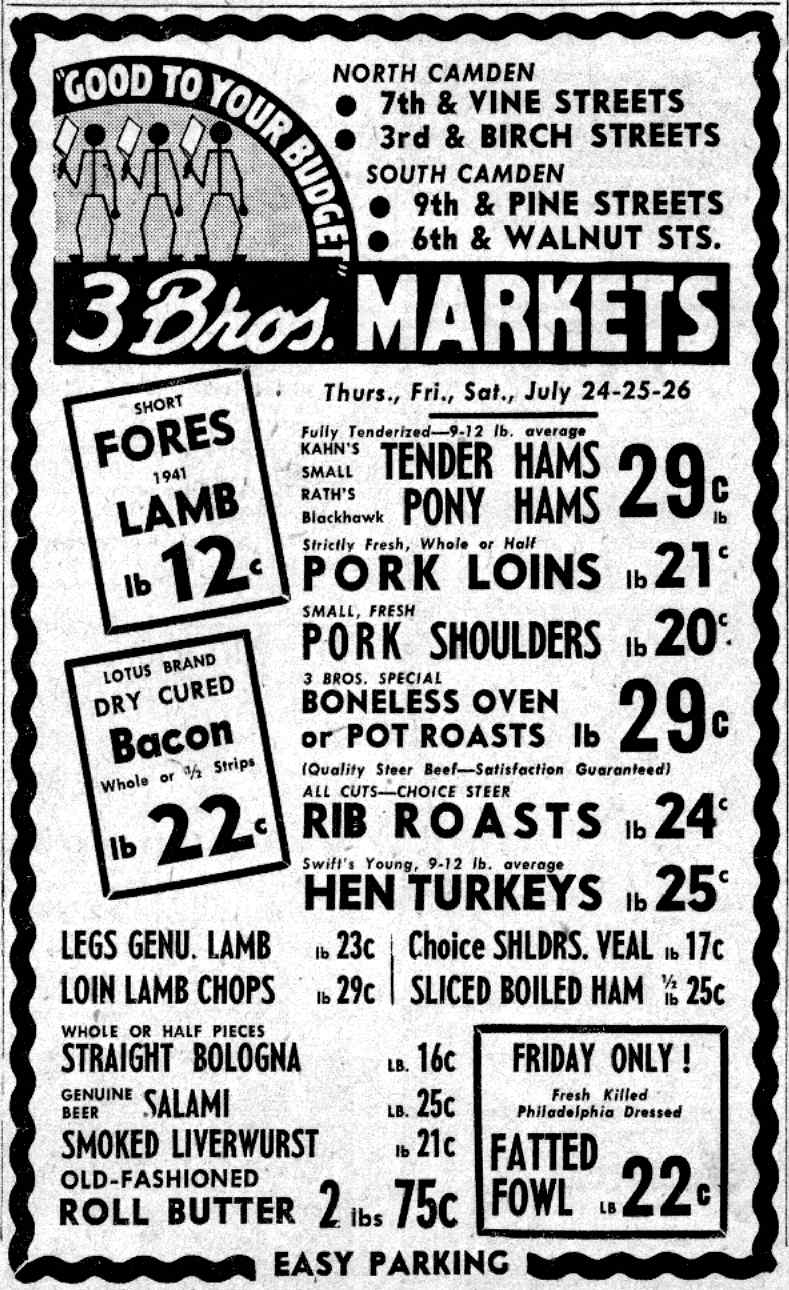 3 Bros. Markets advertisement — Camden Courier-Post, July 25, 1941