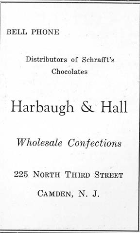 223-225 North 3rd Street. Harbaugh & Hall wholesale confections 1920s-1940s. Camden High School. Purple & Gold Yearbook Ad January 1928.