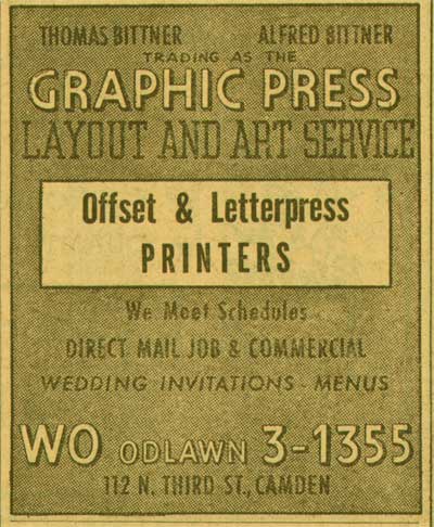 112 North 3rd Street. 1955 Graphic Press Layout & Art Service Thomas Bittner Alfred Bittner. 1955 New Jersey Bell Telephone Yellow Pages Advertisem...