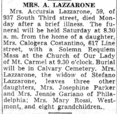 Lazzarone—On July 28, 1941, Accursia, beloved wife of the late Stefano Lazzarone, age 59 years. Relatives and friends of the family are invited to ...