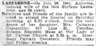 Lazzarone death notice — Camden Courier-Post, July 30, 1941