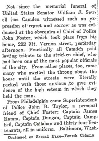 Camden Witnessed Greatest Demonstration of Its Kind Since Gen. Sewell’s Burial THOUSANDS PAID TRIBUTE TO DEAD CROWD ABOUT THE FOSTER HOME AND PICTU...