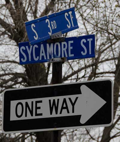 Intersection of South 3rd Street & Sycamore Street — March 16, 2012. Looking west on Sycamore Street from South 3rd Street