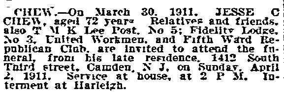 Chew death notice — Philadelphia Inquirer, April 1, 1911