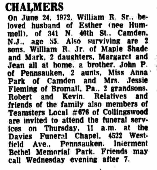 Death notice for William R. Chalmers Sr., 341 North 40th Street — Camden Courier-Post, June 26, 1972