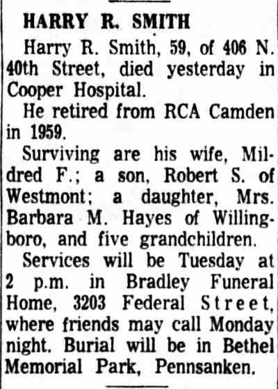Obituary for Harry R. Smith, 406 North 40th Street, June 4, 1966