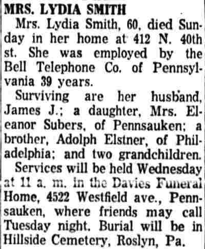 Obituary for Mrs. Lydia Smith, 412 North 40th Street, July 25, 1960
