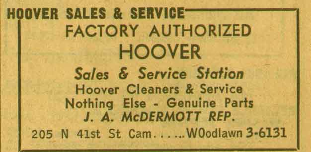 Hoover Sales & Service advertisement, 205 North 41st Street, 1955