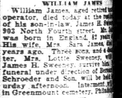 William James death notice clipping, 903 North Fourth Street