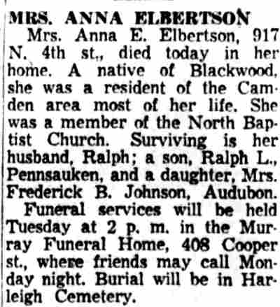 Mrs. Anna Elbertson death notice clipping, 917 North 4th Street