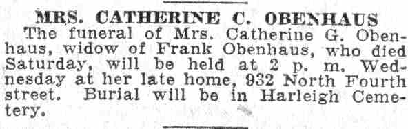 Funeral notice for Mrs. Catherine C. Obenhaus, 932 North Fourth Street