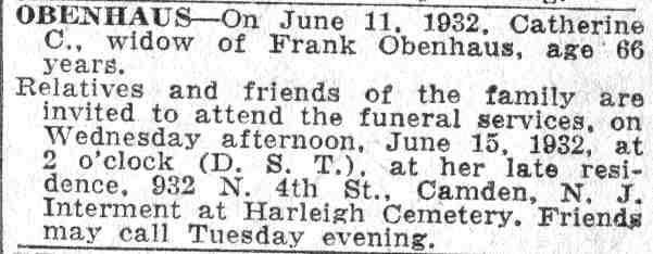 Paid death notice for Catherine C. Obenhaus