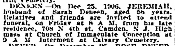 Deneen death notice, 708 North 4th Street