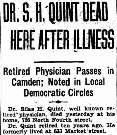 Dr. S. H. Quint Dead Here After Illness newspaper clipping