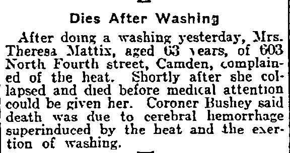 Dies After Washing newspaper clipping, 603 North Fourth Street