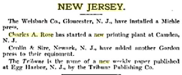 New Jersey printing trade notes mentioning Charles A. Rose