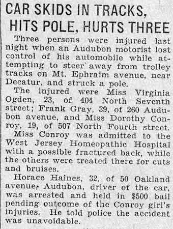 Car Skids in Tracks, Hits Pole, Hurts Three newspaper clipping
