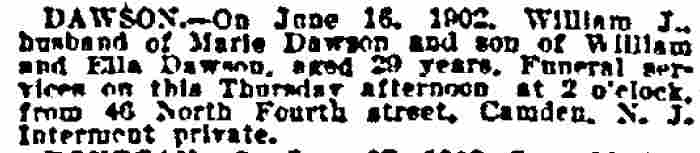 Dawson death notice, 46 North Fourth Street