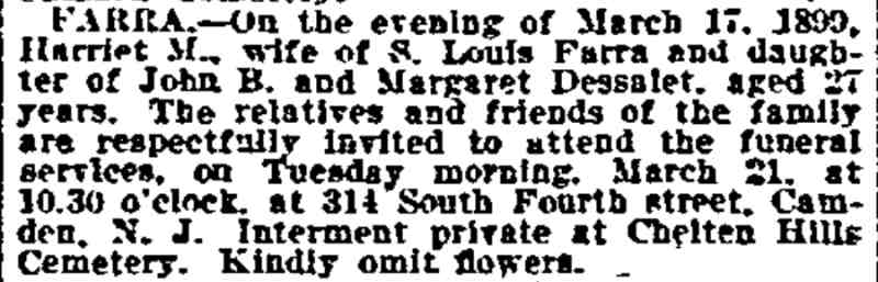 Farra death notice, 314 South Fourth Street