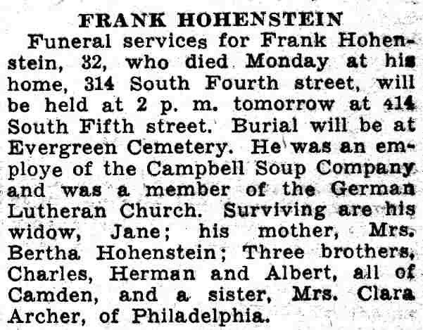 Frank Hohenstein funeral notice, 314 South Fourth Street