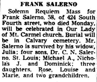 Frank Salerno funeral notice, 424 South Fourth Street