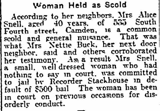 Woman Held as Scold newspaper clipping, 535 South Fourth Street