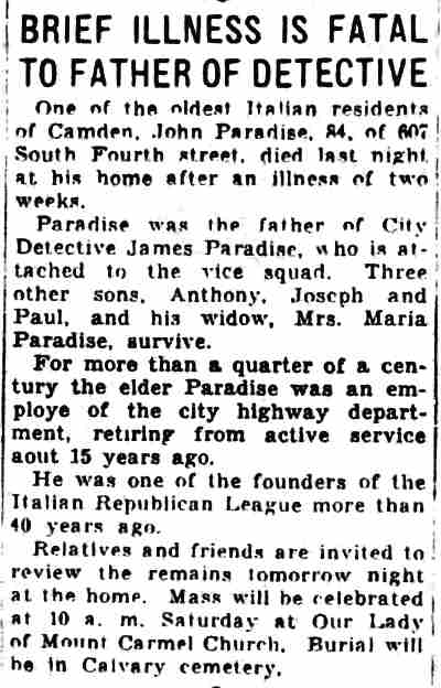Brief Illness Is Fatal to Father of Detective newspaper clipping