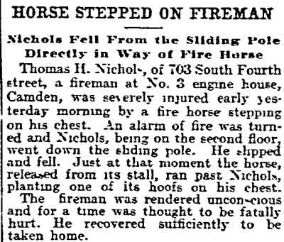Horse Stepped on Fireman newspaper clipping