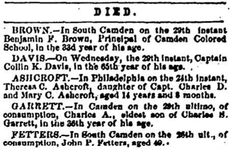 West Jersey News Died column including Benjamin F. Brown