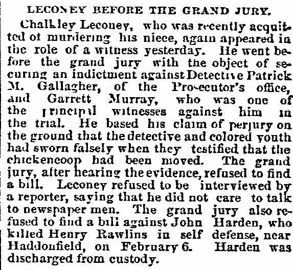 Leconey Before the Grand Jury newspaper clipping