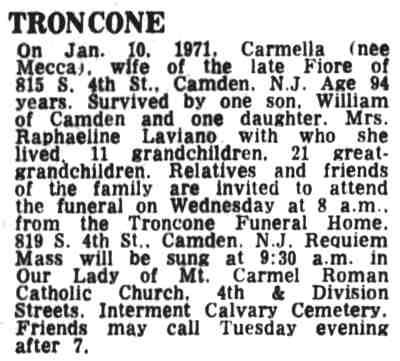 Troncone death notice, 815 South 4th Street