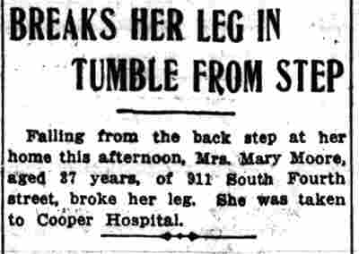 Breaks Her Leg in Tumble from Step newspaper clipping