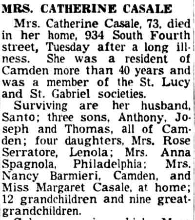 Mrs. Catherine Casale death notice, 934 South Fourth Street