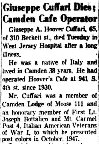 Giuseppe Cuffari Dies; Camden Cafe Operator newspaper clipping