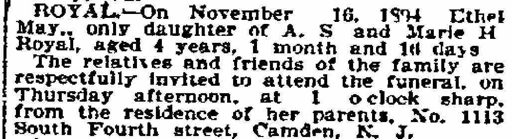 Royal death notice, 1113 South Fourth Street