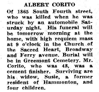 Albert Corito death notice, 1865 South Fourth Street
