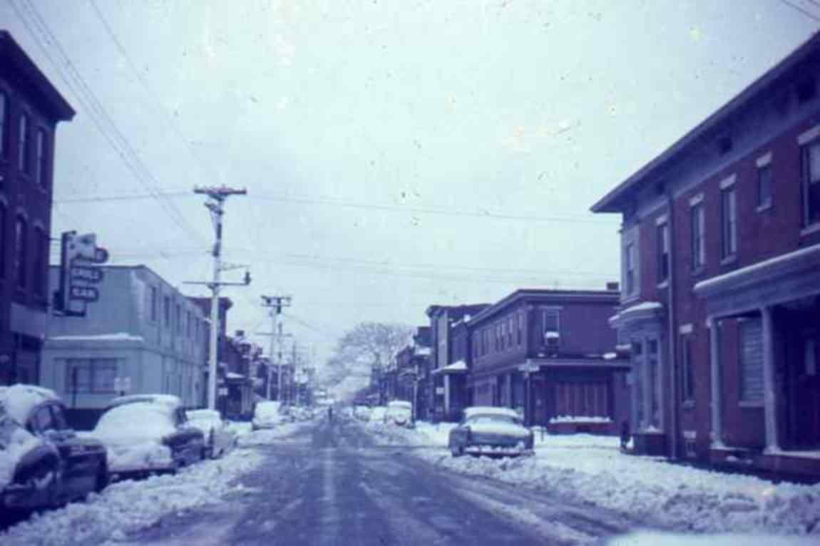Looking south on South 5th Street to the intersection of South 5th and Pine Street, circa 1955